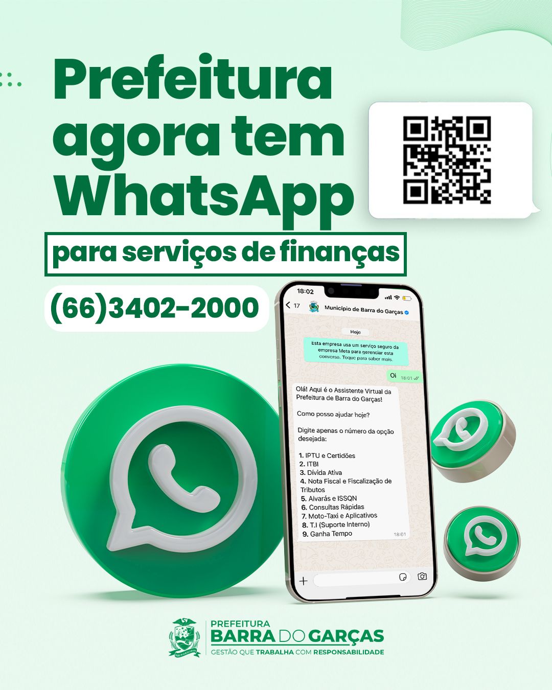 ​Prefeitura de Barra do Garças disponibiliza WhatsApp para serviços de finanças.