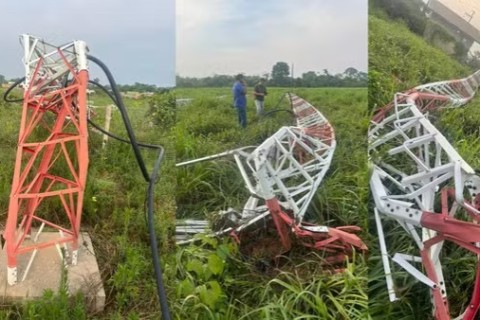 Durante tempestade, torre de rádio com 85 metros de altura desaba